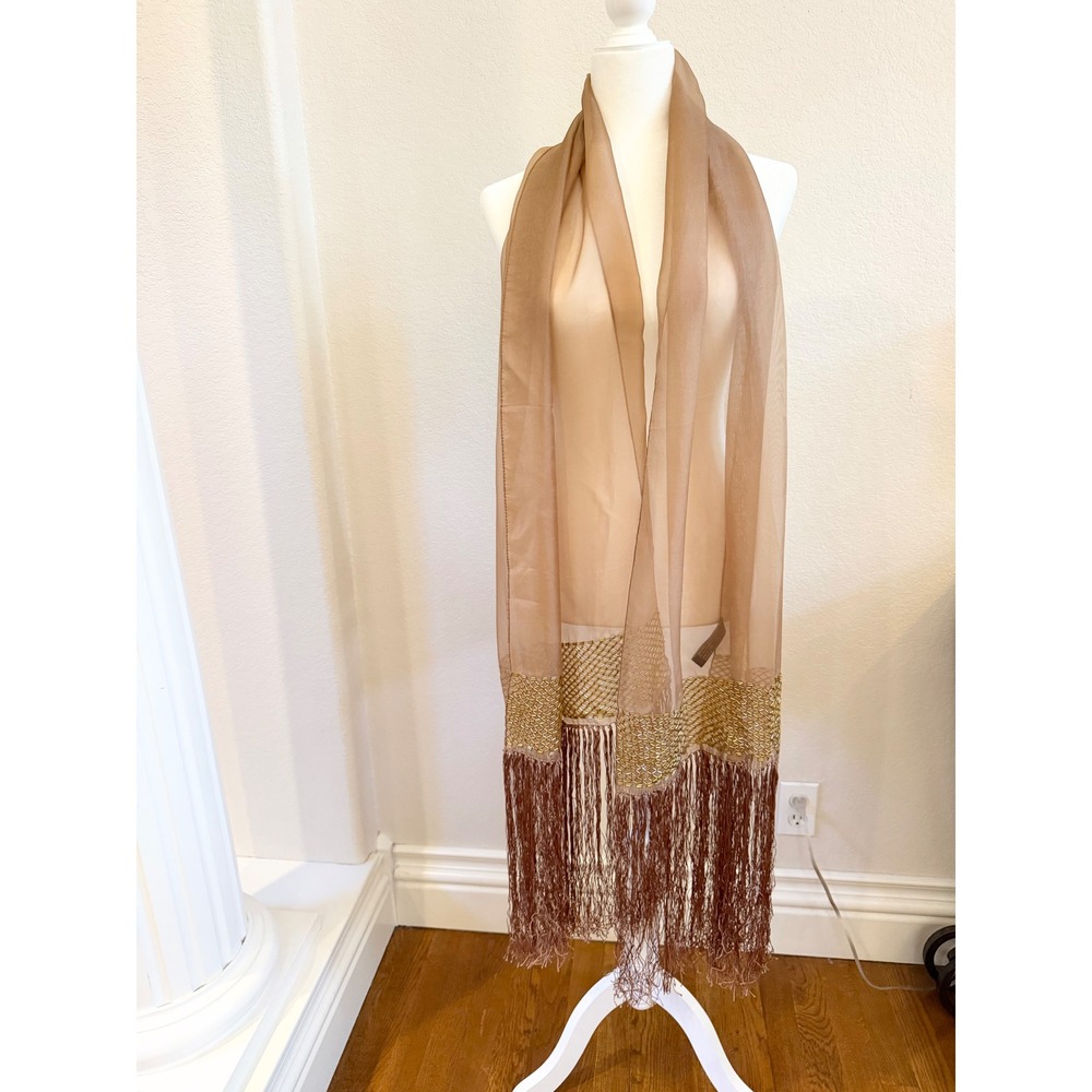 Anne Klein New York 100% Silk Beaded Fringe Evening Wrap Shawl Tan Gold